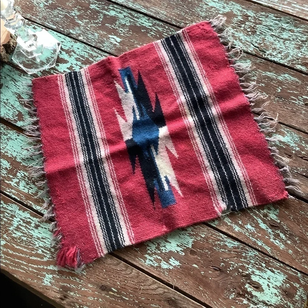 Vintage Fringed Aztec Southwest Bohemian Textile Small Rug Table Decor